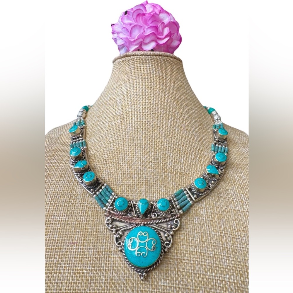 Handcrafted Ethnic Tribal Style Necklace Inlay Turquoise Set In Silver 124grams - Picture 2 of 7